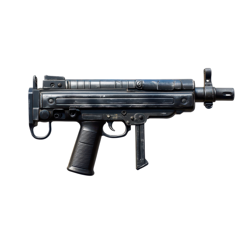 Compact submachine gun displayed against a neutral background showcasing its design and features png