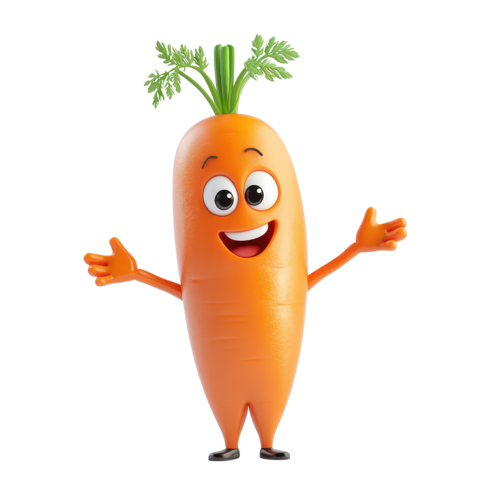 Smiling carrot character with green leaves in a cheerful pose ready to entertain children png