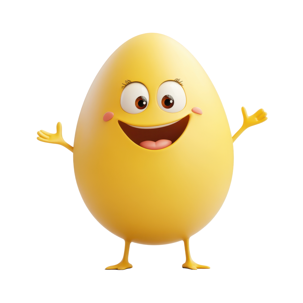 Happy yellow egg character with cheerful expression and arms raised in celebration png