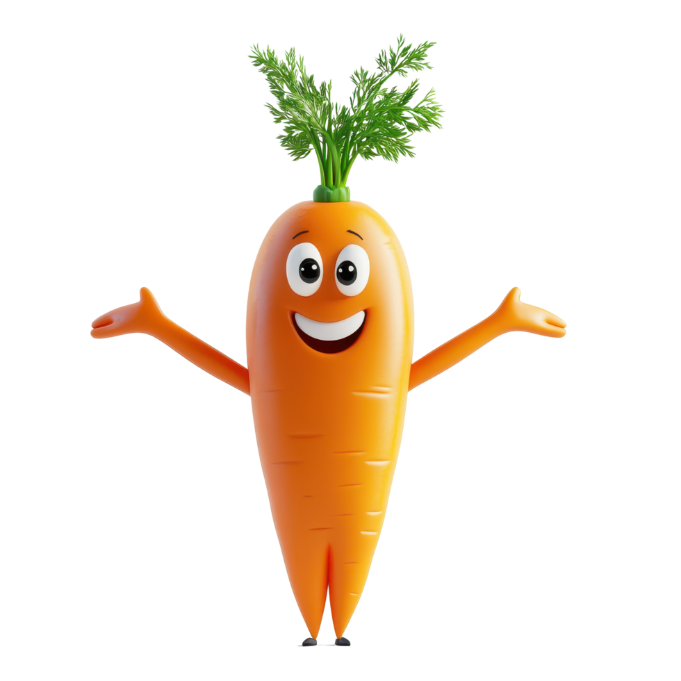 Cartoon happy carrot character with smiling face and leafy top showcasing cheerful personality in a fun style png