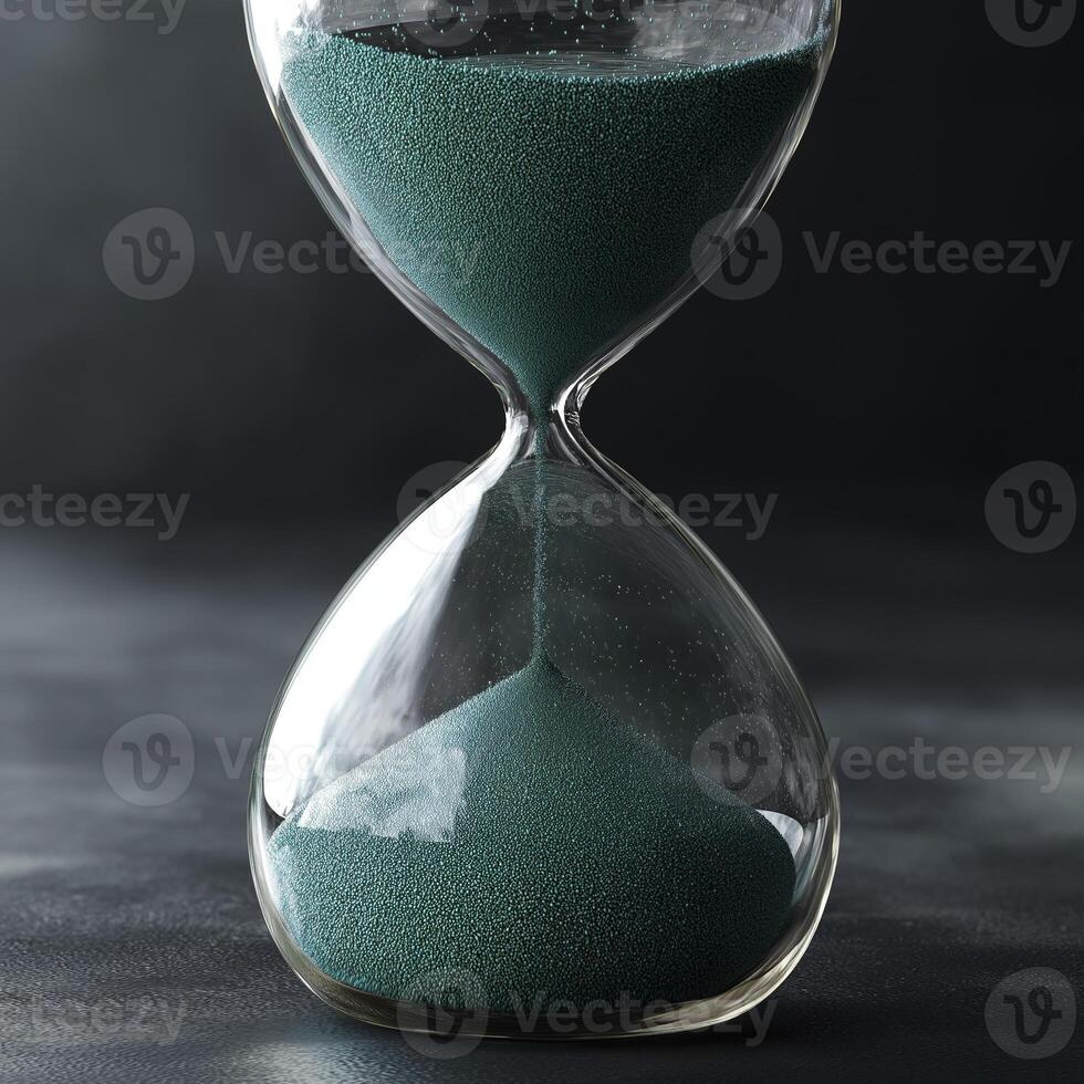 Hourglass with green sand symbolizes passage of time, evoking sense of reflection and urgency photo