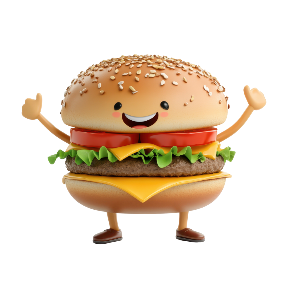 Cute cartoon hamburger character smiling with arms raised in excitement, perfect for a fun food concept png