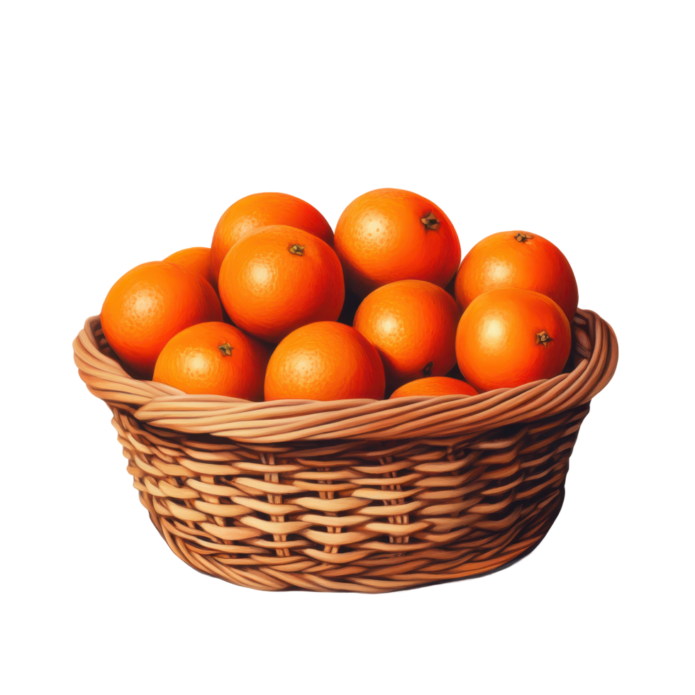 Fresh oranges in a woven basket ready for eating or juicing for a refreshing drink on a sunny day png
