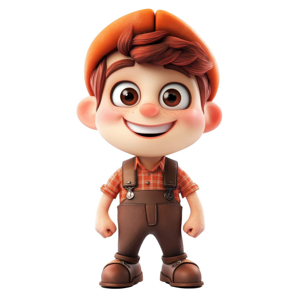 Charming cartoon character of a boy in overalls with a hat standing confidently with a smiling expression png