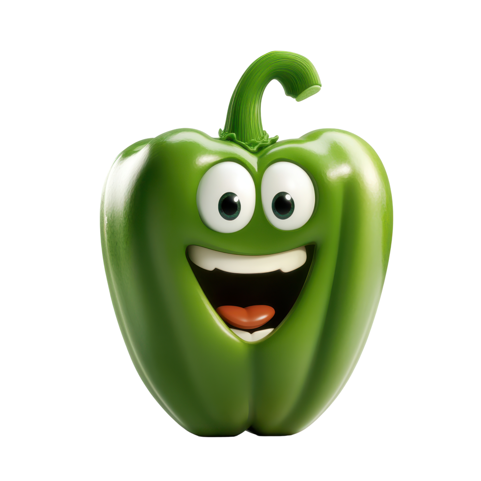 Happy green bell pepper character with expressive face and cheerful demeanor in a playful setting png