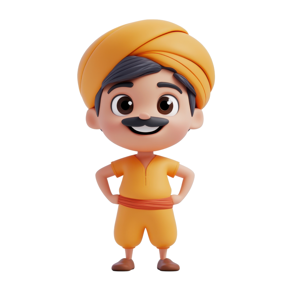 Cheerful cartoon character dressed in traditional attire with a turban standing confidently in a vibrant setting png