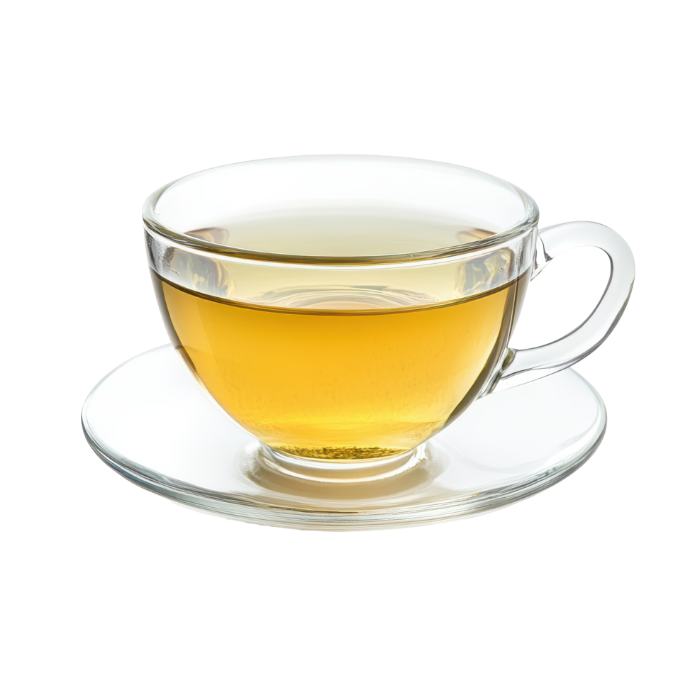 Clear glass cup filled with herbal tea sitting on a saucer in a bright, cozy setting png