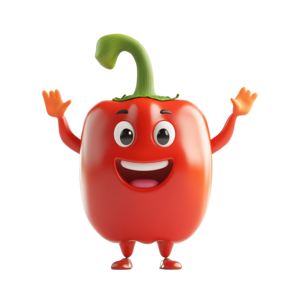 Red bell pepper character smiling and waving, promoting healthy eating and fun illustrations png