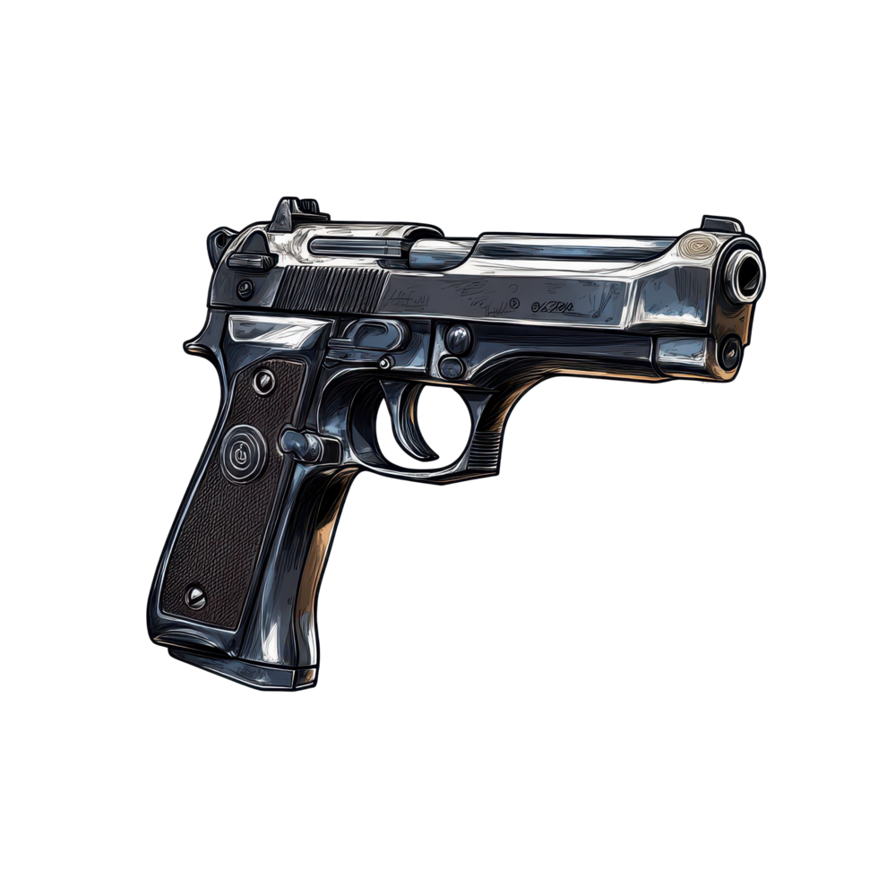 Detailed depiction of a handgun resting on a surface, showcasing its design and craftsmanship png