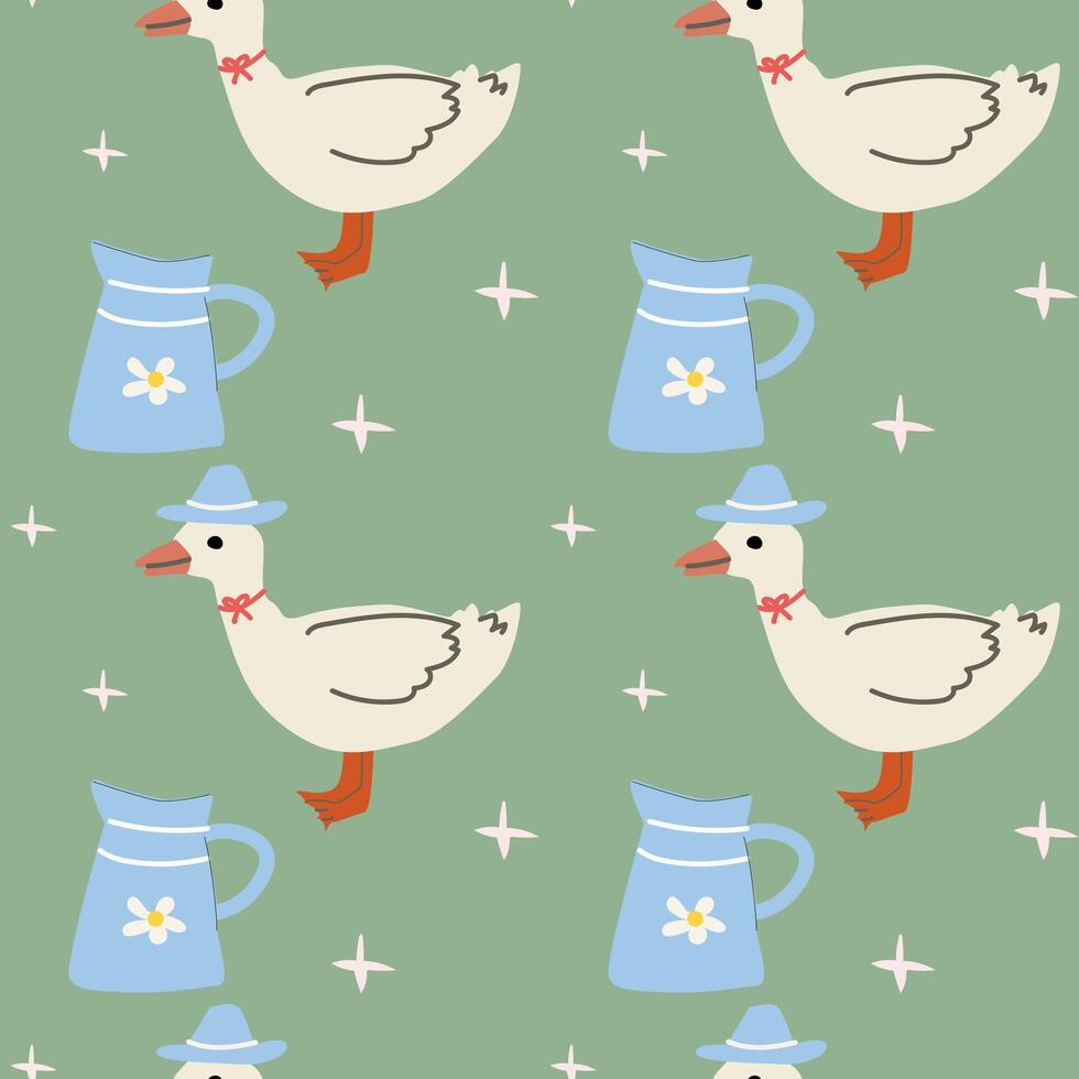 Charming cottage decor pattern with geese and vintage pitchers vector