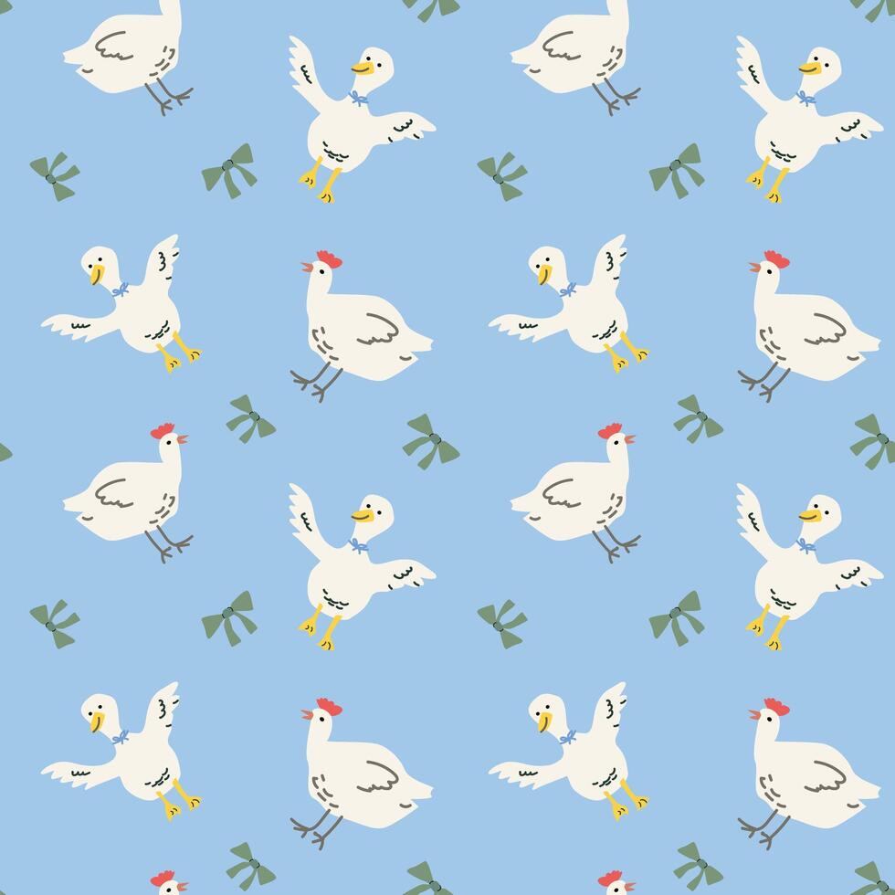 Whimsical cottage decor pattern with playful ducks on blue background vector