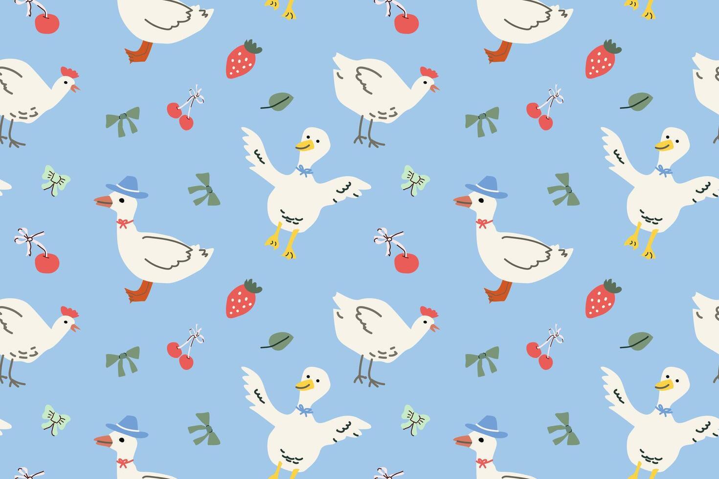Charming cottagecore pattern with farm animals and fruits for textile design vector