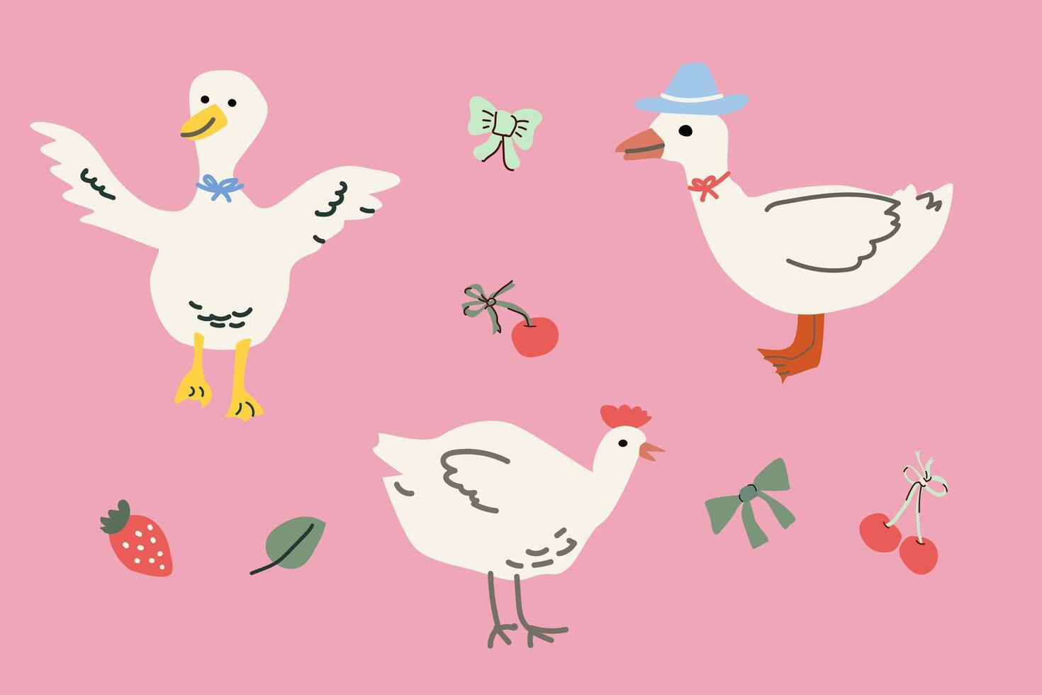 Cottage decor elements with farm animals, bows, and fruits on pink background for craft design vector