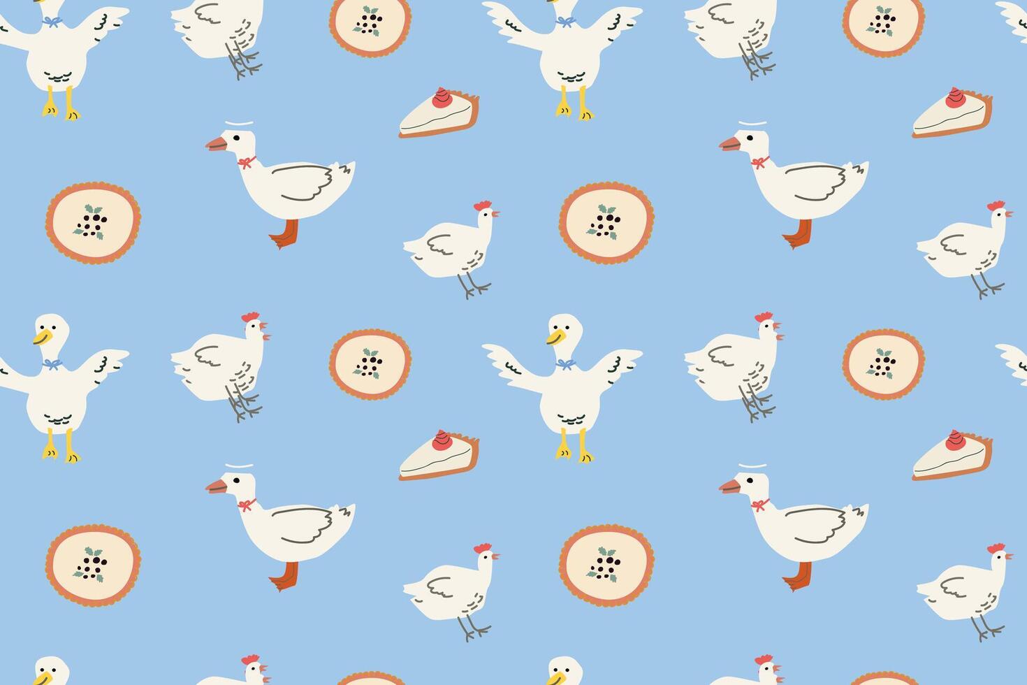 Charming cottage decor pattern with geese and pies on blue background for home design vector