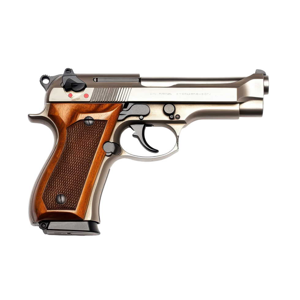 Classic stainless steel handgun with wooden grip displayed on a neutral background highlighting its design features and craftsmanship png