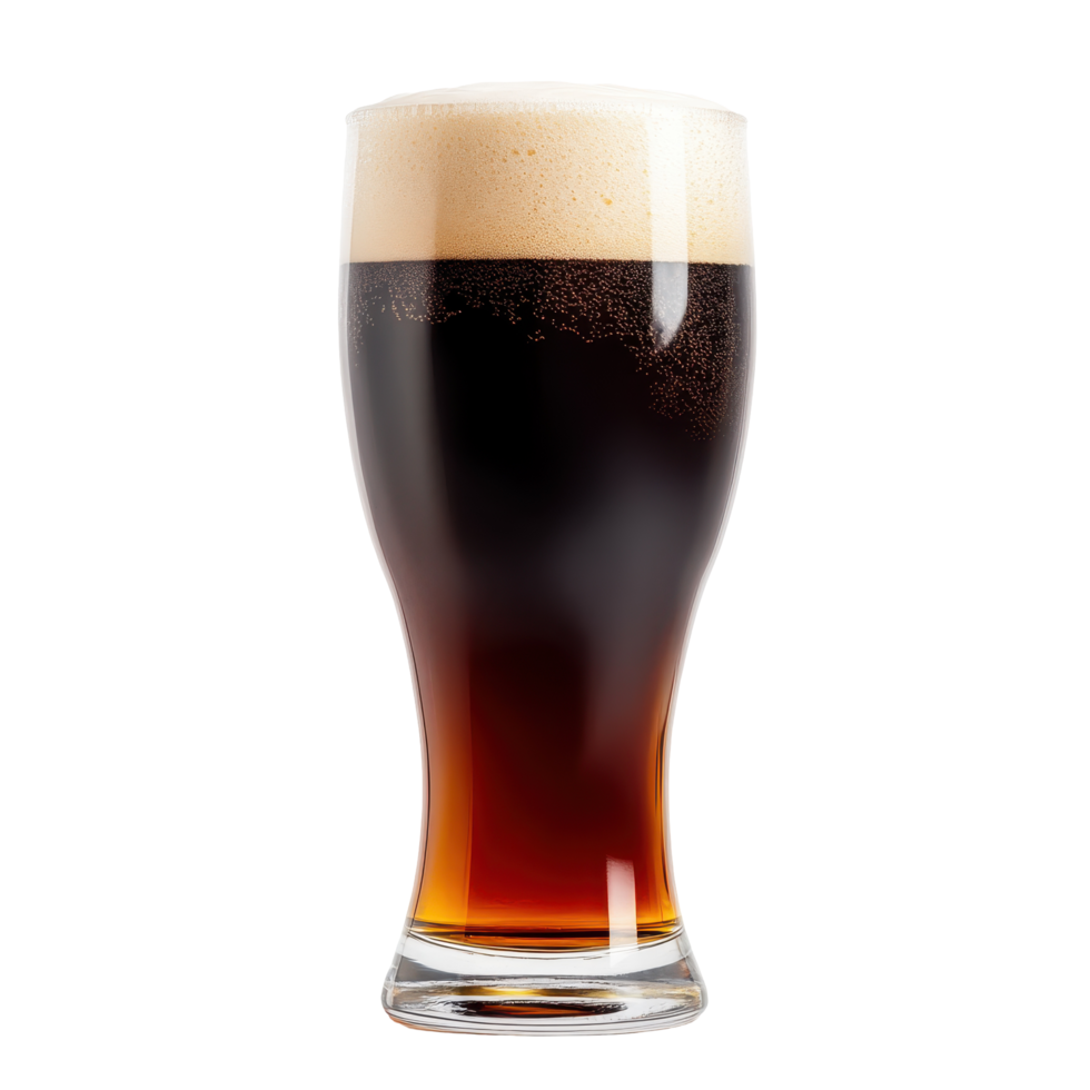 Rich dark beer with creamy foam served in a tall glass on a wooden table png