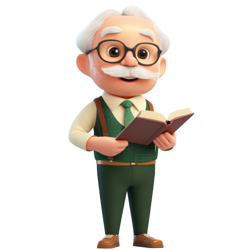 Friendly elderly character with glasses reading a book indoors in a cozy setting resembling a library or study png