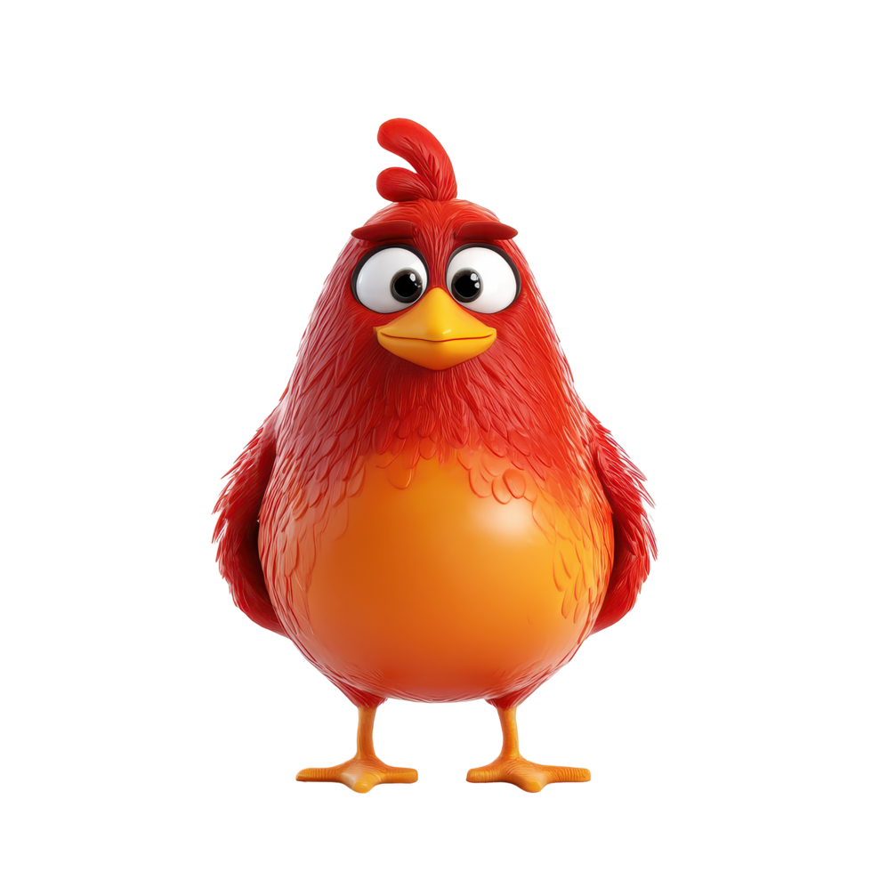 Red cartoon bird character from animated series stands confidently with a smile in a bright, colorful setting png