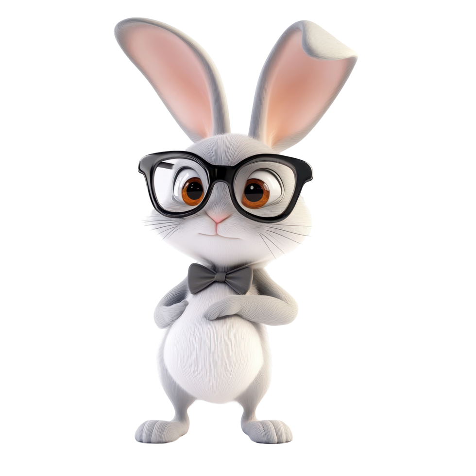 Smart gray rabbit wearing glasses and a bow tie stands confidently with a curious expression in a whimsical setting png