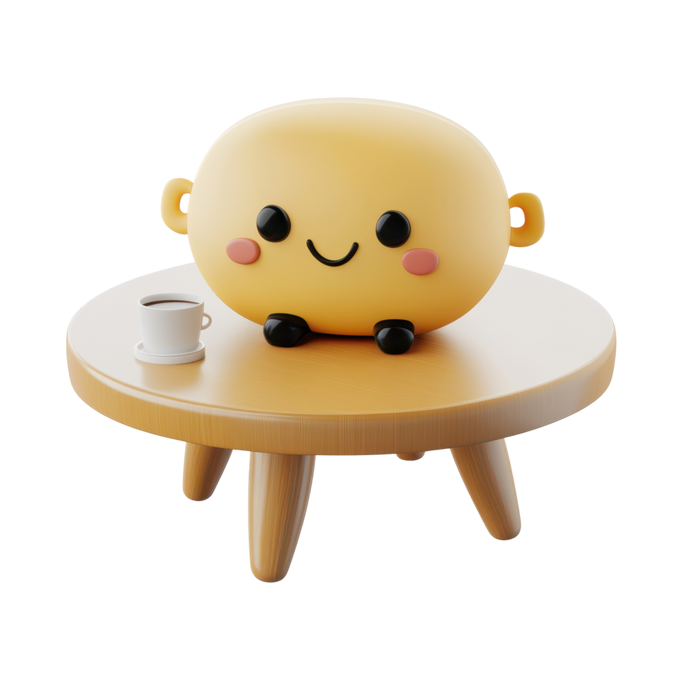 Cute yellow character with a coffee cup on a wooden table in a cozy setting png