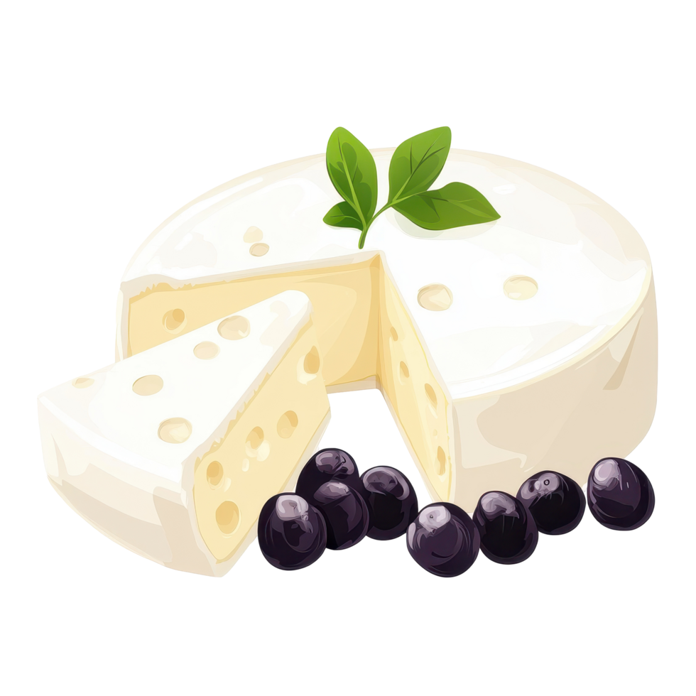 Creamy white cheese with cut portions and fresh black olives on a clean background png