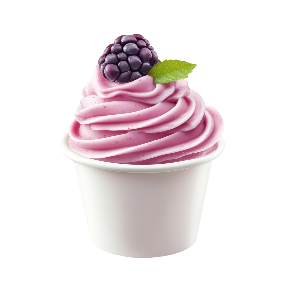 Delicious berry-flavored soft serve dessert served in a white cup with fresh blackberries on top png
