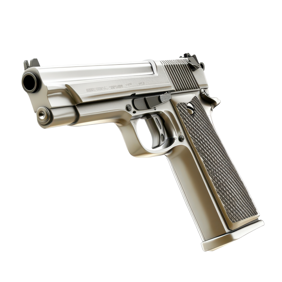 Metallic handgun displayed on a neutral background with intricate detailing and realistic features during late afternoon lighting png