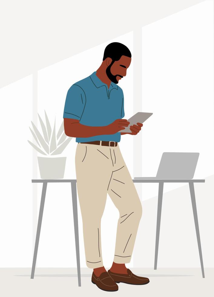 Black man standing in office with desk and laptop vector