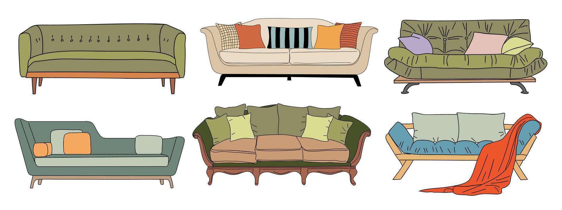 Set of trendy sofa, couches with cushions isolated vector