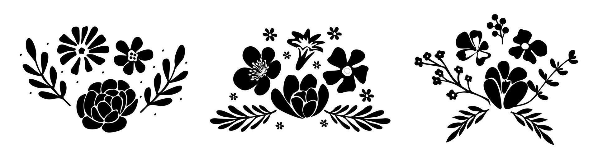 Set of flower and leaves silhouette compositions. vector