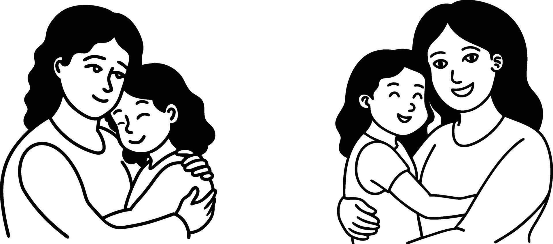 Two heartwarming illustrations of mothers embracing their daughters showcasing love and affection in a simple black and white line art style vector