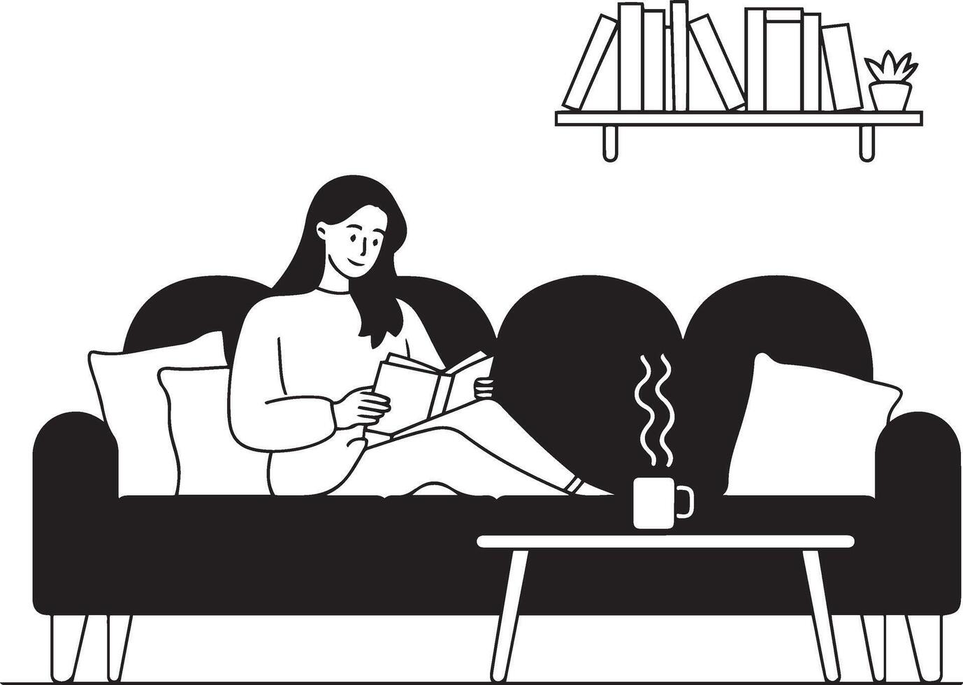 Woman relaxing on sofa while reading book with hot drink and bookshelf in minimalist line art style vector