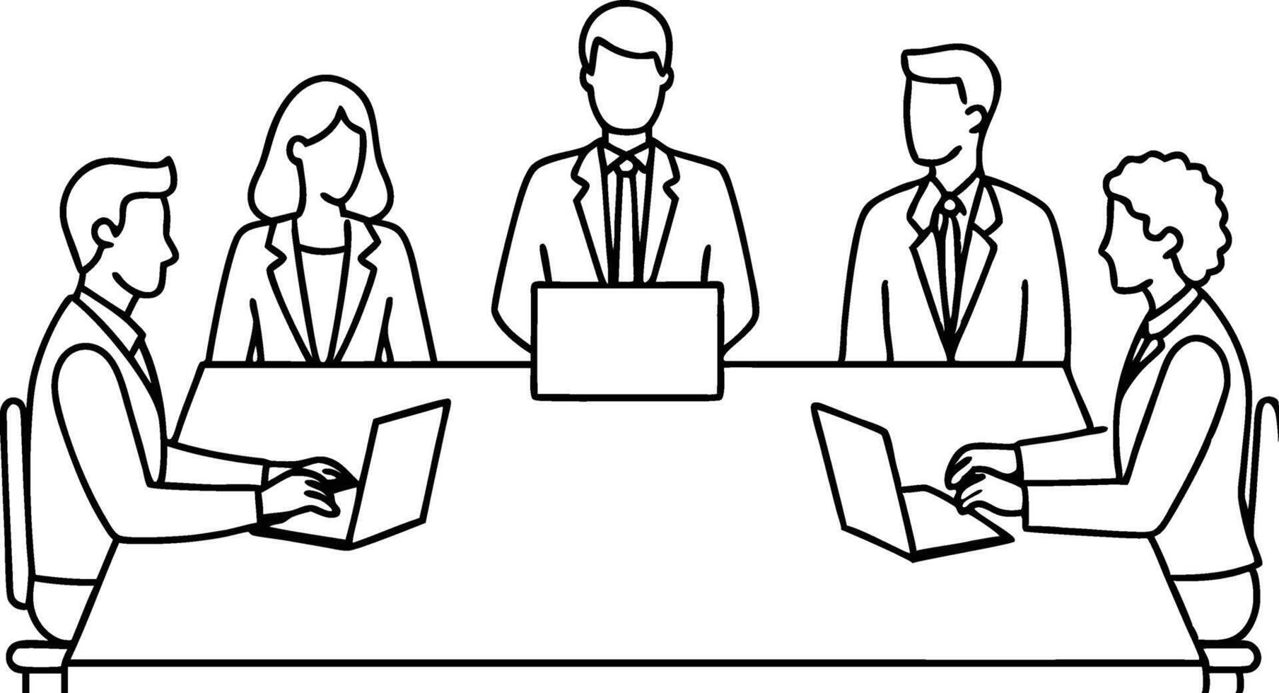Business Team Meeting Outline Illustration Four Professionals Collaborating Around a Table with Laptops vector