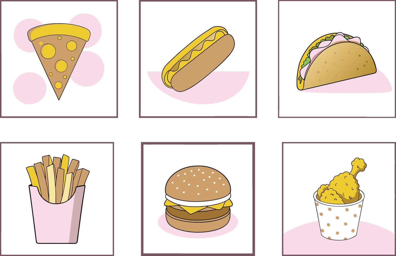 Fast Food Icons Pizza, Hot Dog, Burger, Fries, Taco, Fried Chicken vector