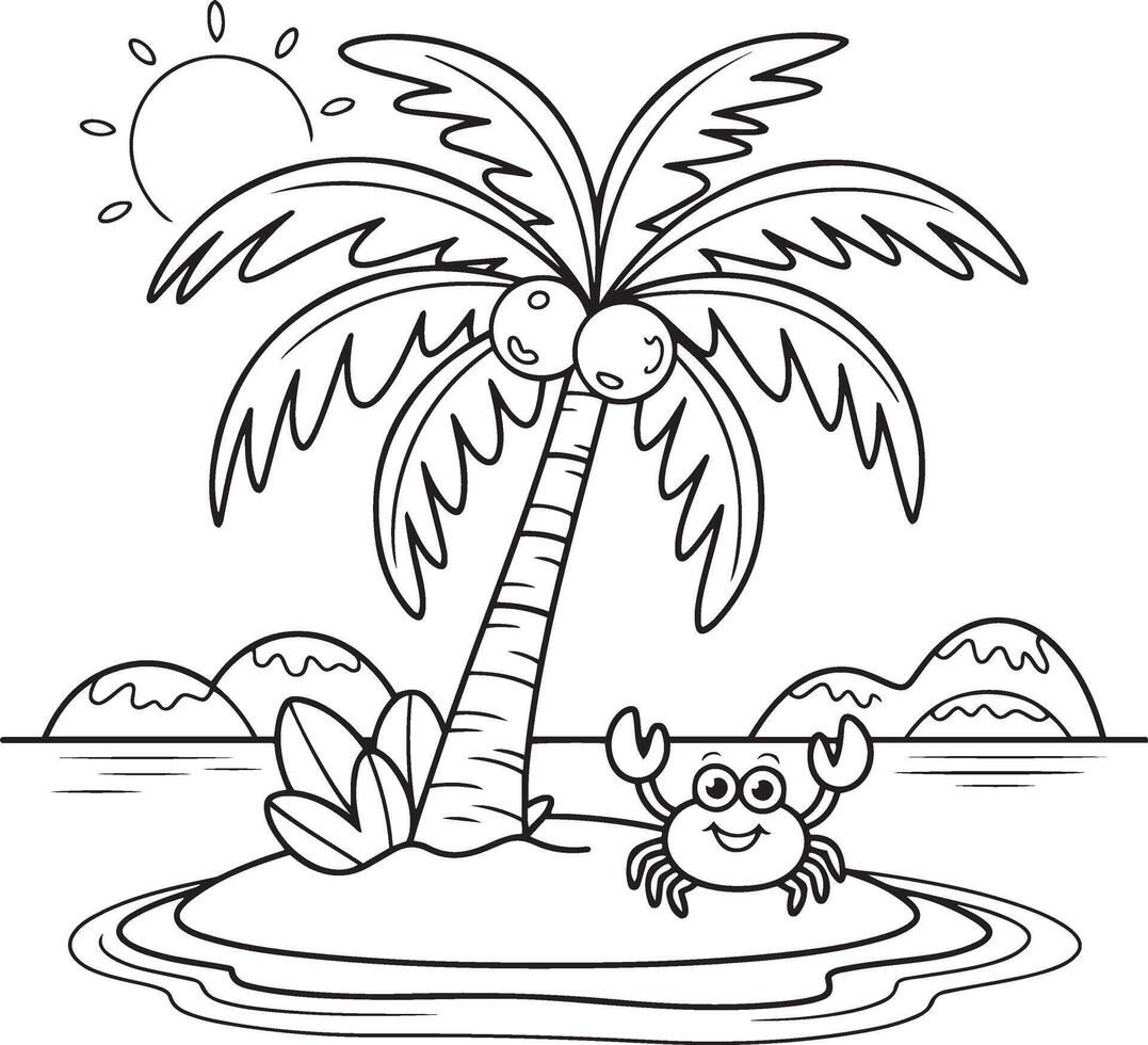 Tropical island scene outline, palm tree and crab coloring page line drawing illustration vector