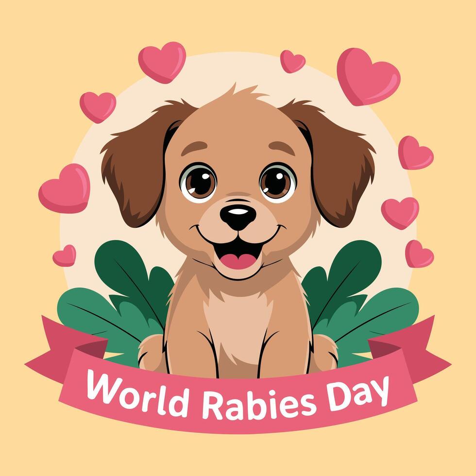 Adorable cartoon puppy illustration promoting World Rabies Day with hearts and banner, encouraging pet health and disease prevention vector