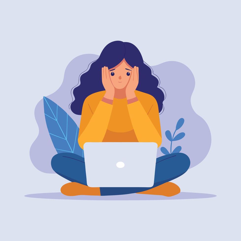 worried woman sitting with laptop holding face stress anxiety frustration tired student freelancer illustration vector