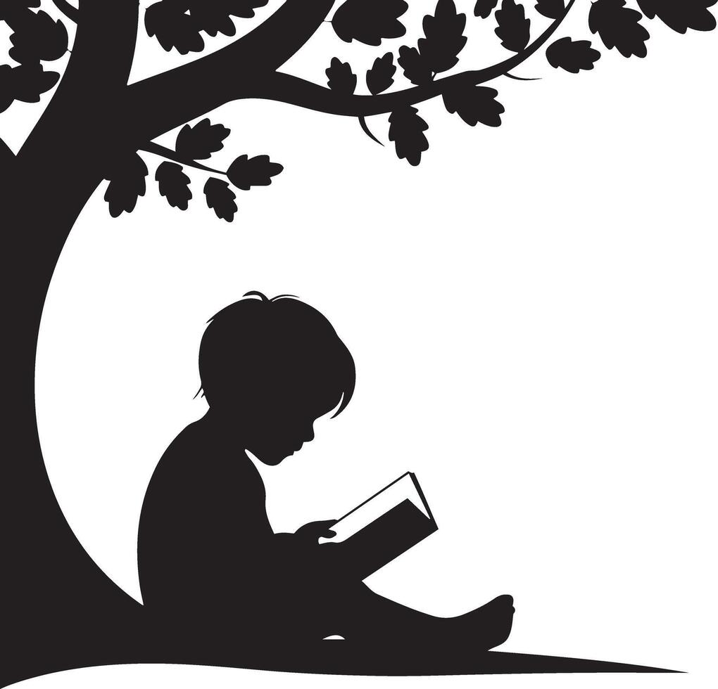 Child Reading Under a Tree Silhouette, engrossed in reading a book vector
