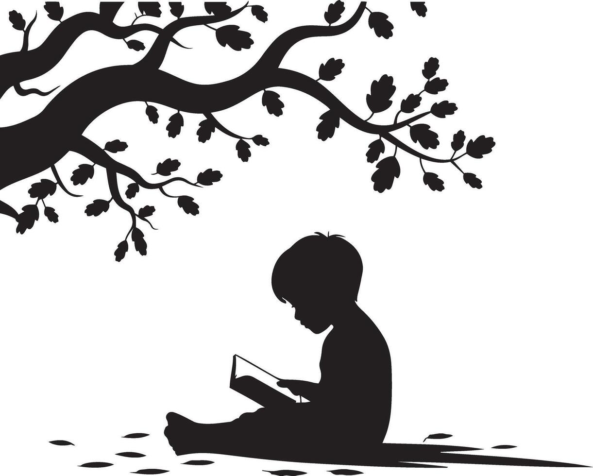 Silhouette of Child Reading Book Under a Tree vector