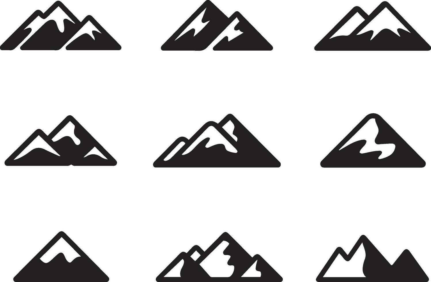 A collection of nine black mountain icons depicting different peaks and hill shapes vector