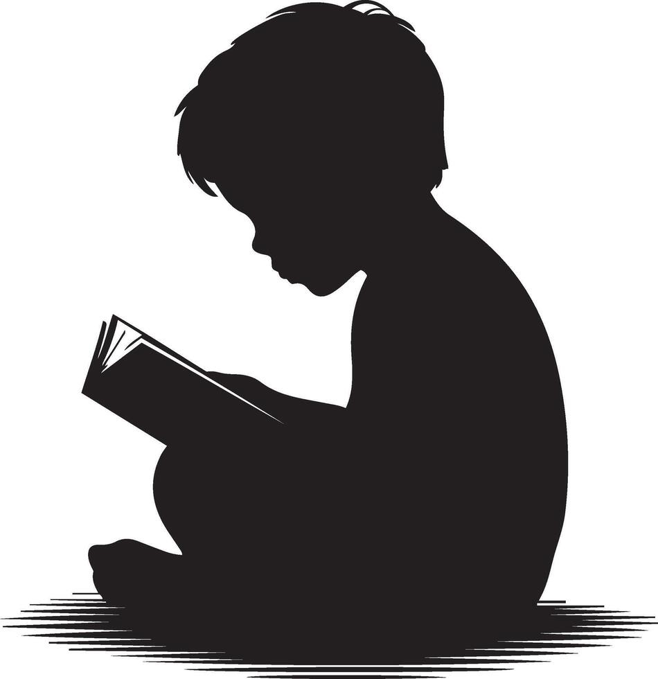 A captivating silhouette of a child seated on the floor, absorbed in reading a book. vector
