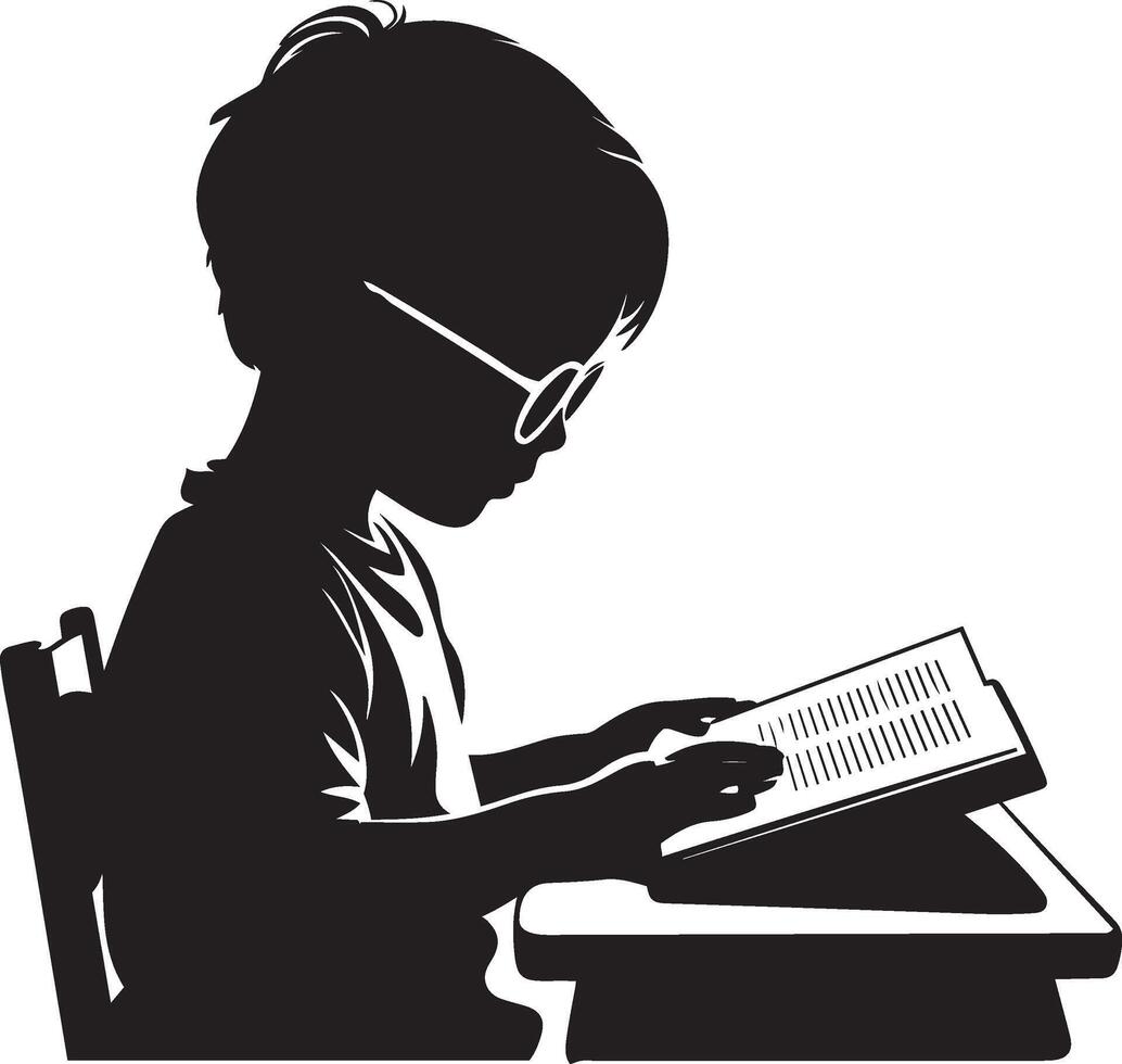 silhouette of a young boy reading book at desk wearing glasses illustration vector