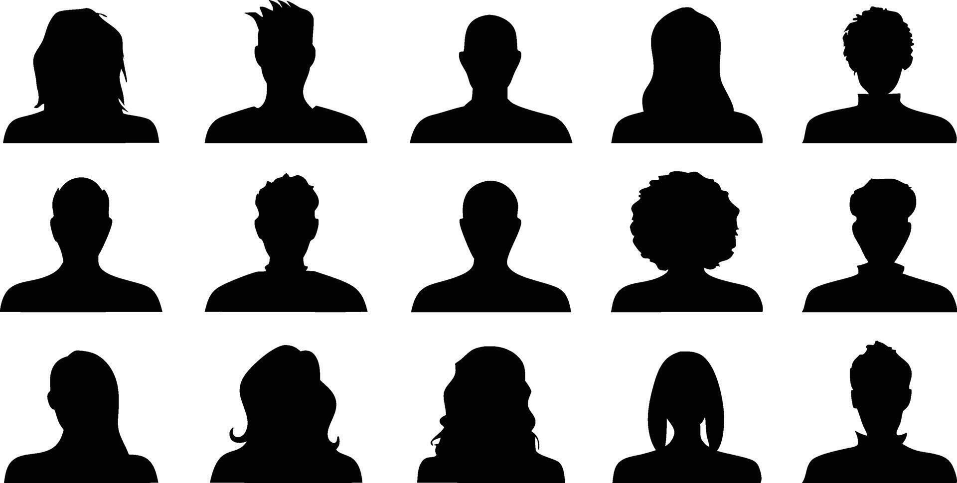 A grid of diverse male and female user profile silhouettes. vector
