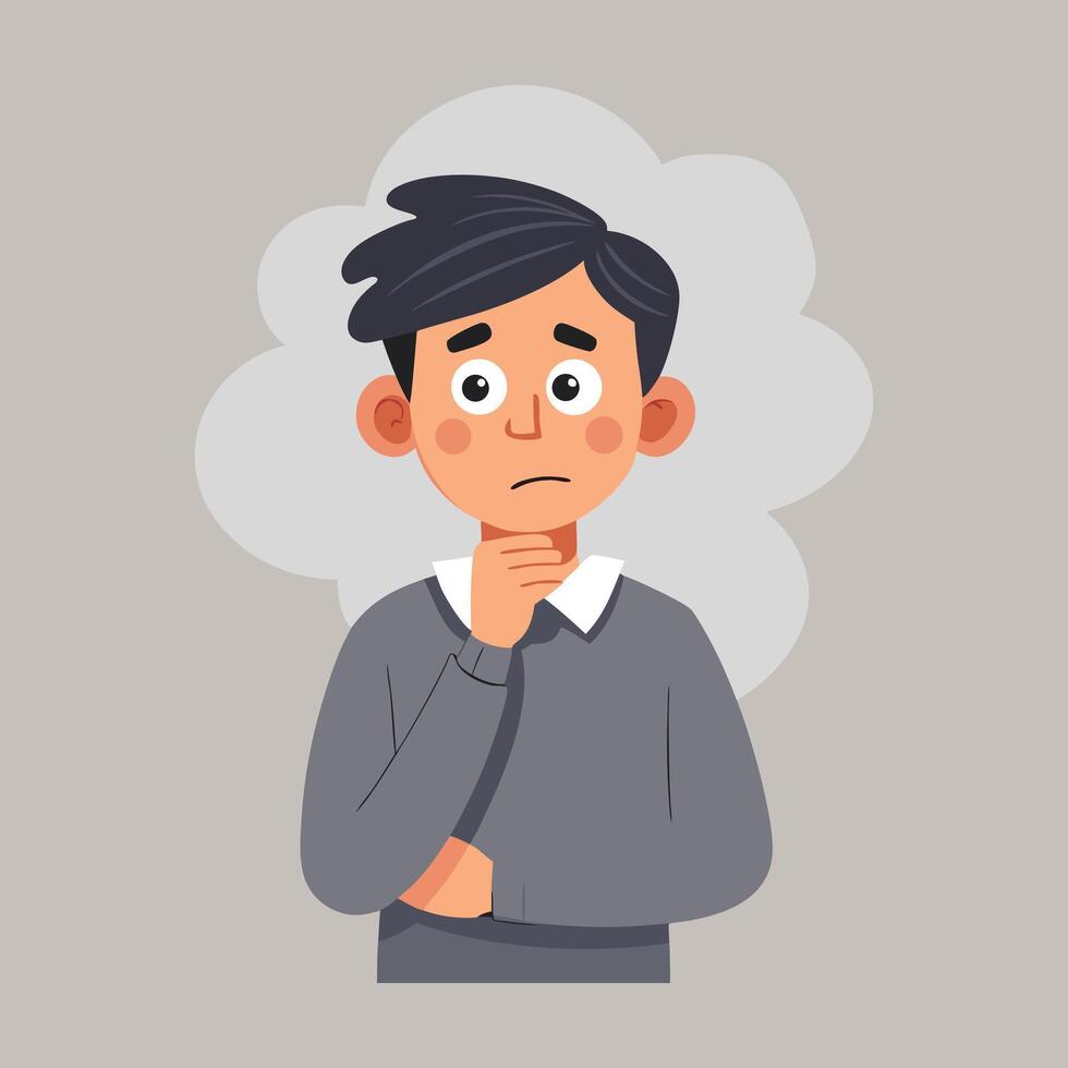 Confused Man Thinking Illustration Cartoon Character with Doubtful Expression and Hand on Chin vector