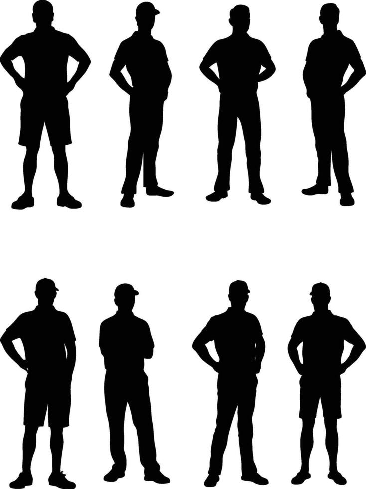 Eight Men Silhouettes in Various Poses on White Background vector