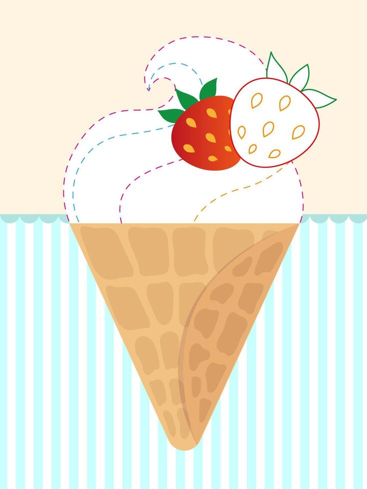 Trace and color. Writing practice. Ice cream with strawberry. Drawing lessons. Preschool education. Kids game. Coloring page vector