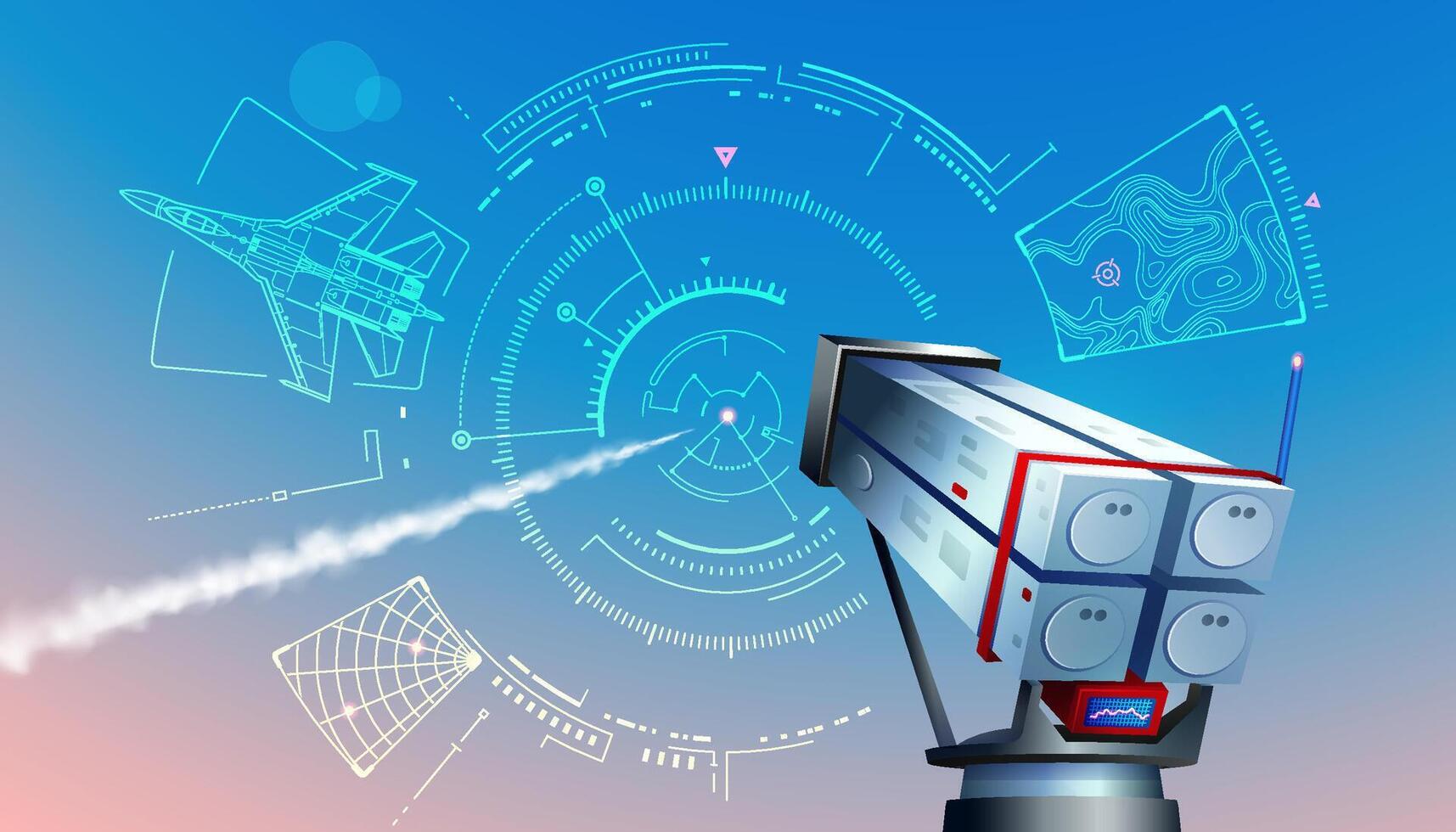 graphic of rocket launcher or missile launcher with futuristic radar interface for military technology concept vector