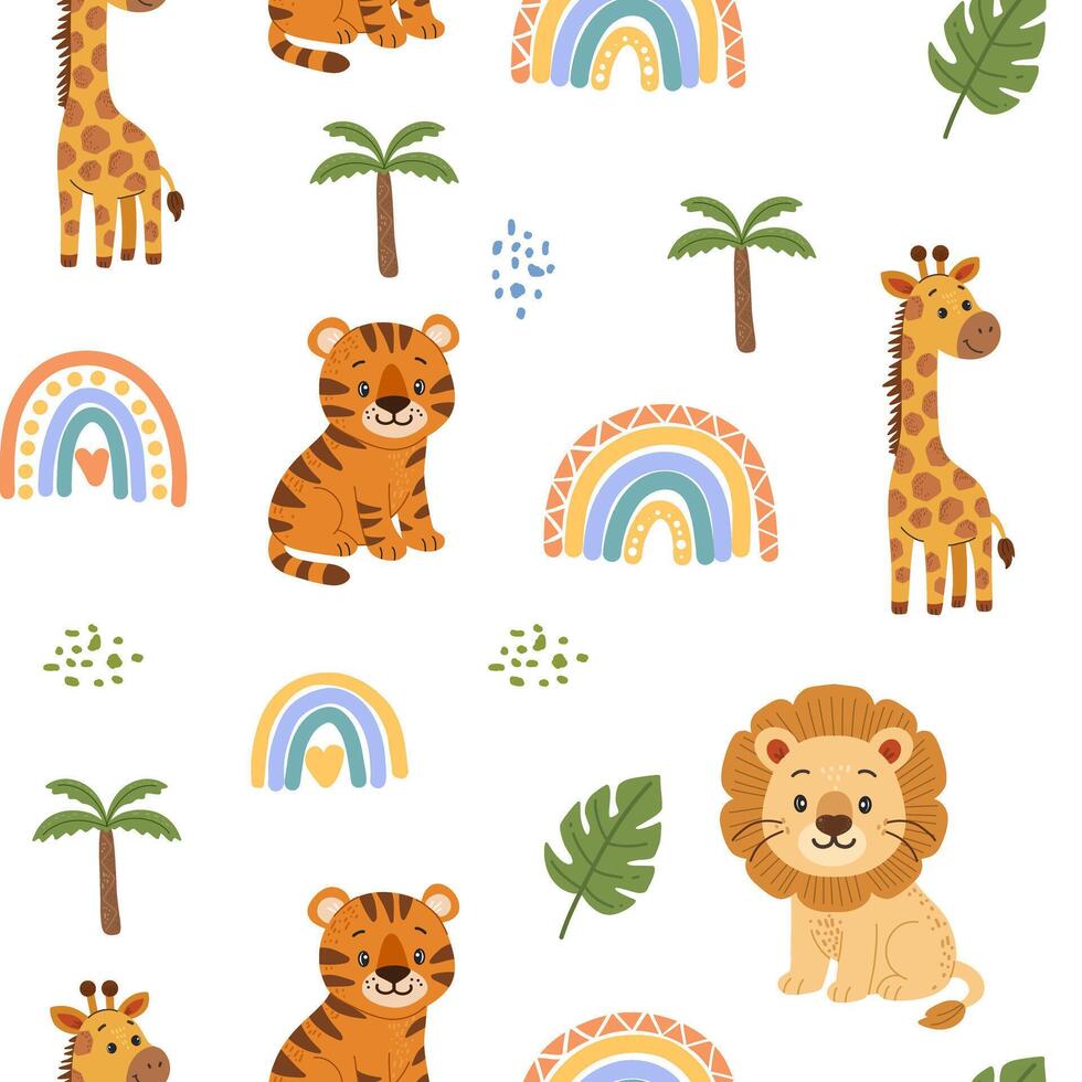 Seamless pattern with jungle animals and rainbows in hand drawn, cartoon style. Suitable for kids prints and baby nursery. White background. vector