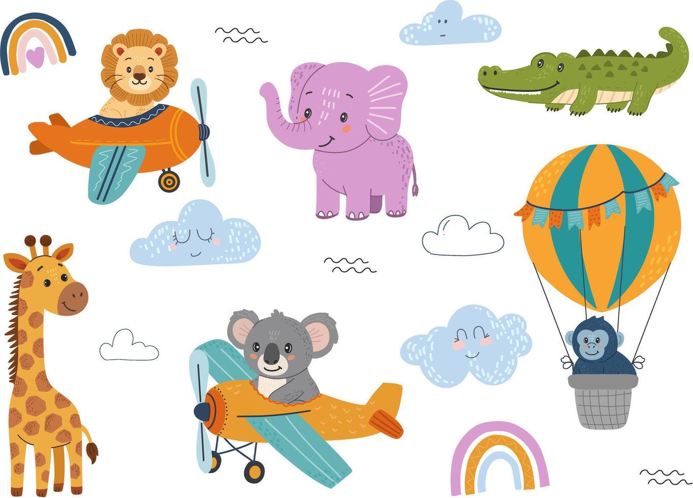 Set of childrens stickers, jungle animals with aircraft in hand drawn, doodle style. Suitable for kids adventures and safari themes. White background with clouds and rainbows. vector