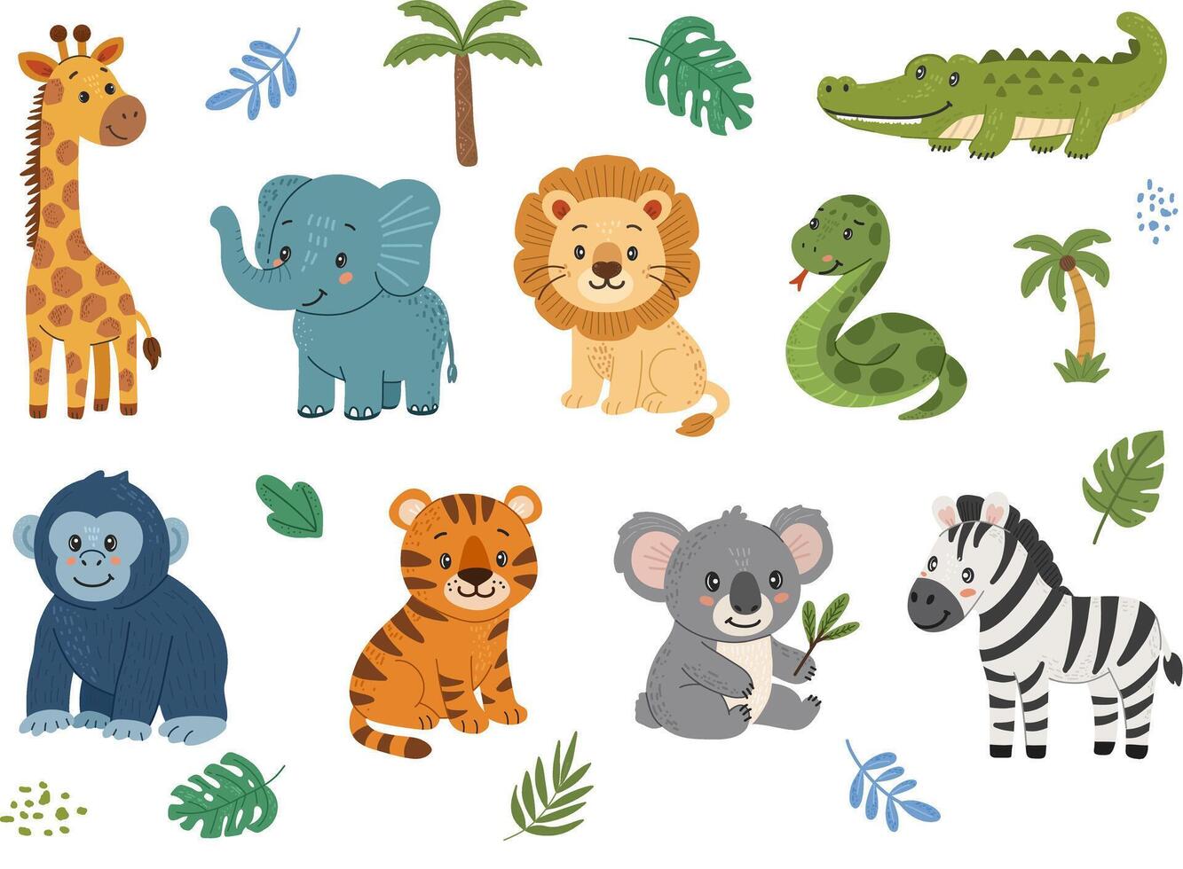 Wild animals set in hand drawn, doodle style. Suitable for children content and educational projects. White background. vector